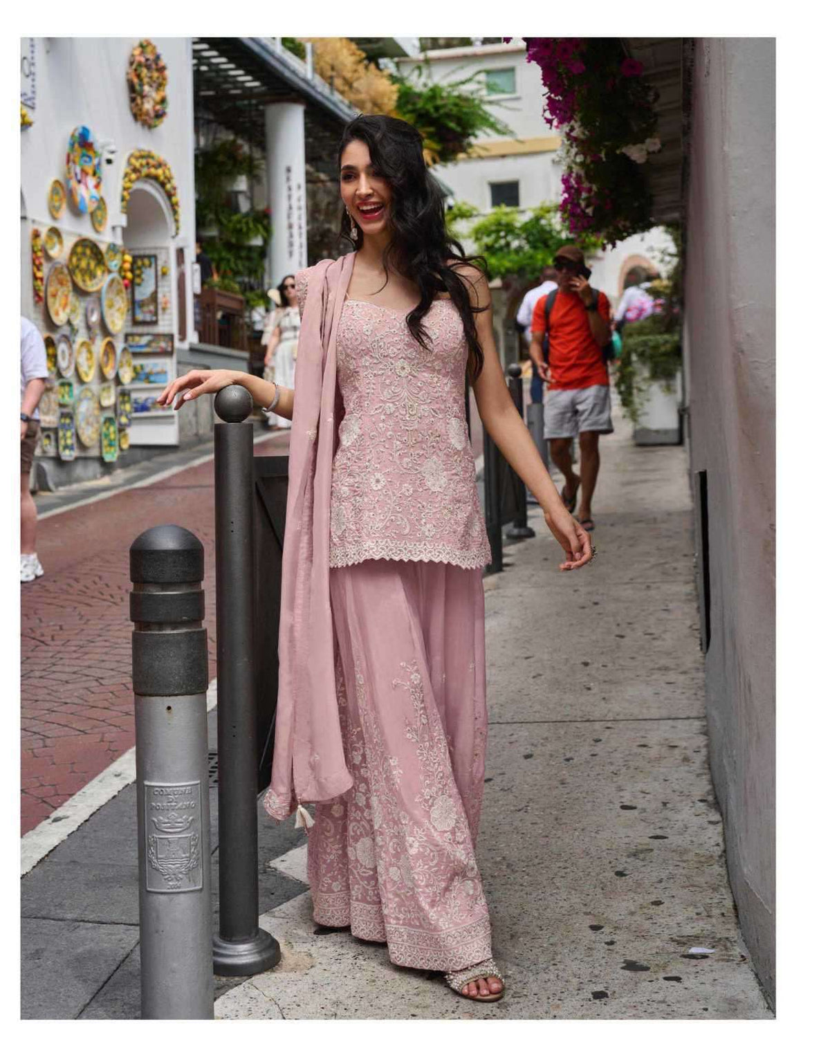 Model wearing the liora embroidered palazzo set - dusty rose.