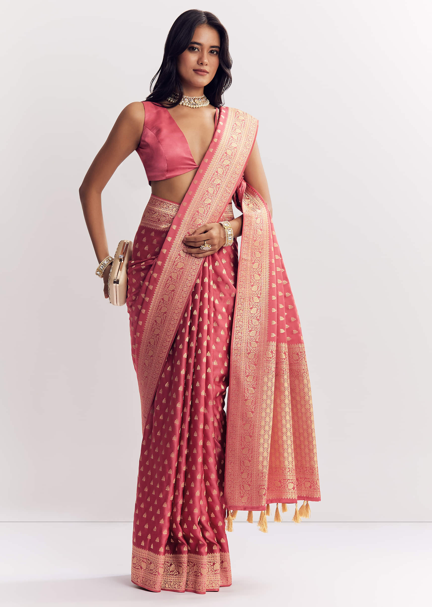 Dusky Pink Silk Saree With Butti And Woven Border