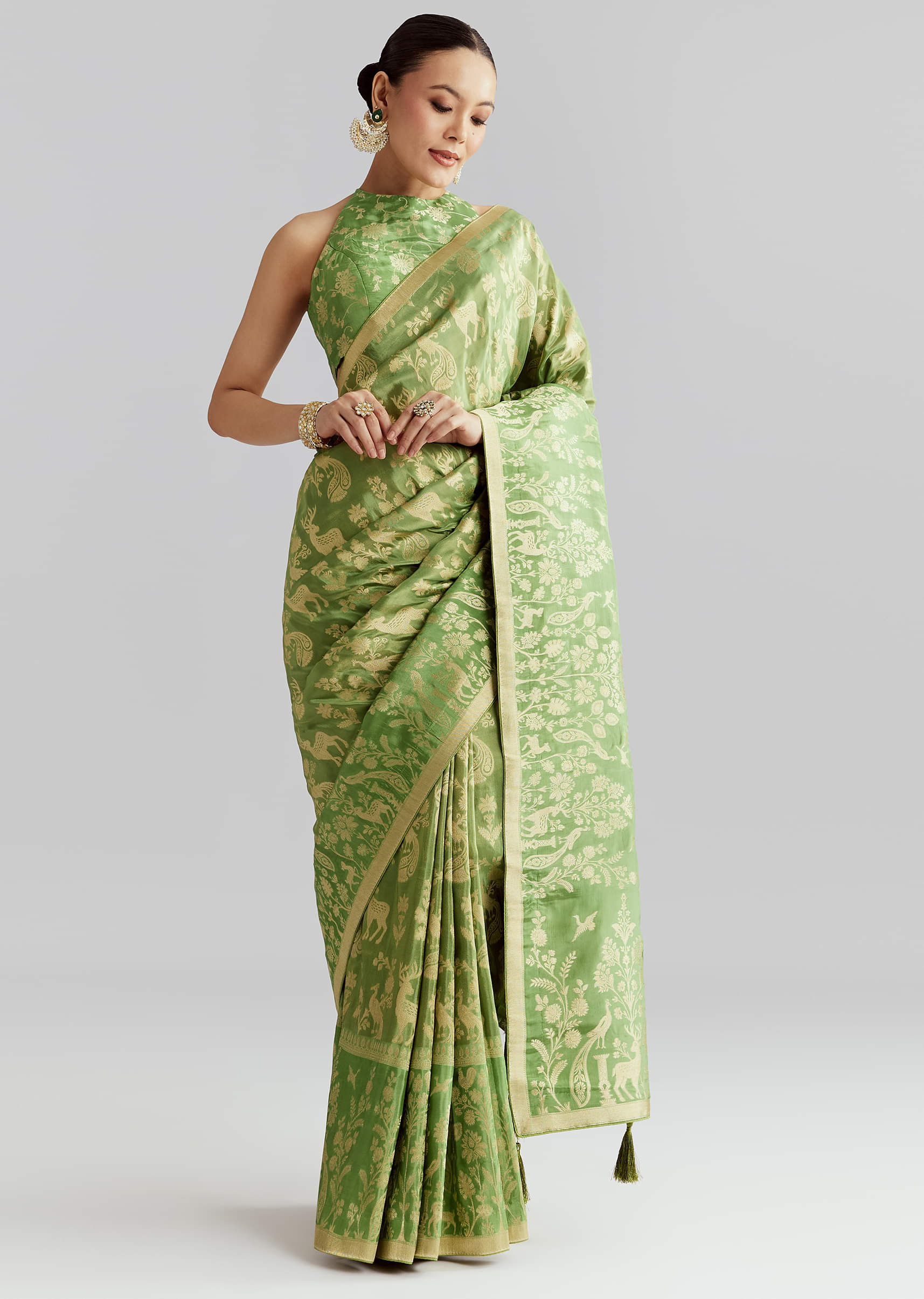 Green Dola Silk Woven Saree With Zari Motif Embroidery