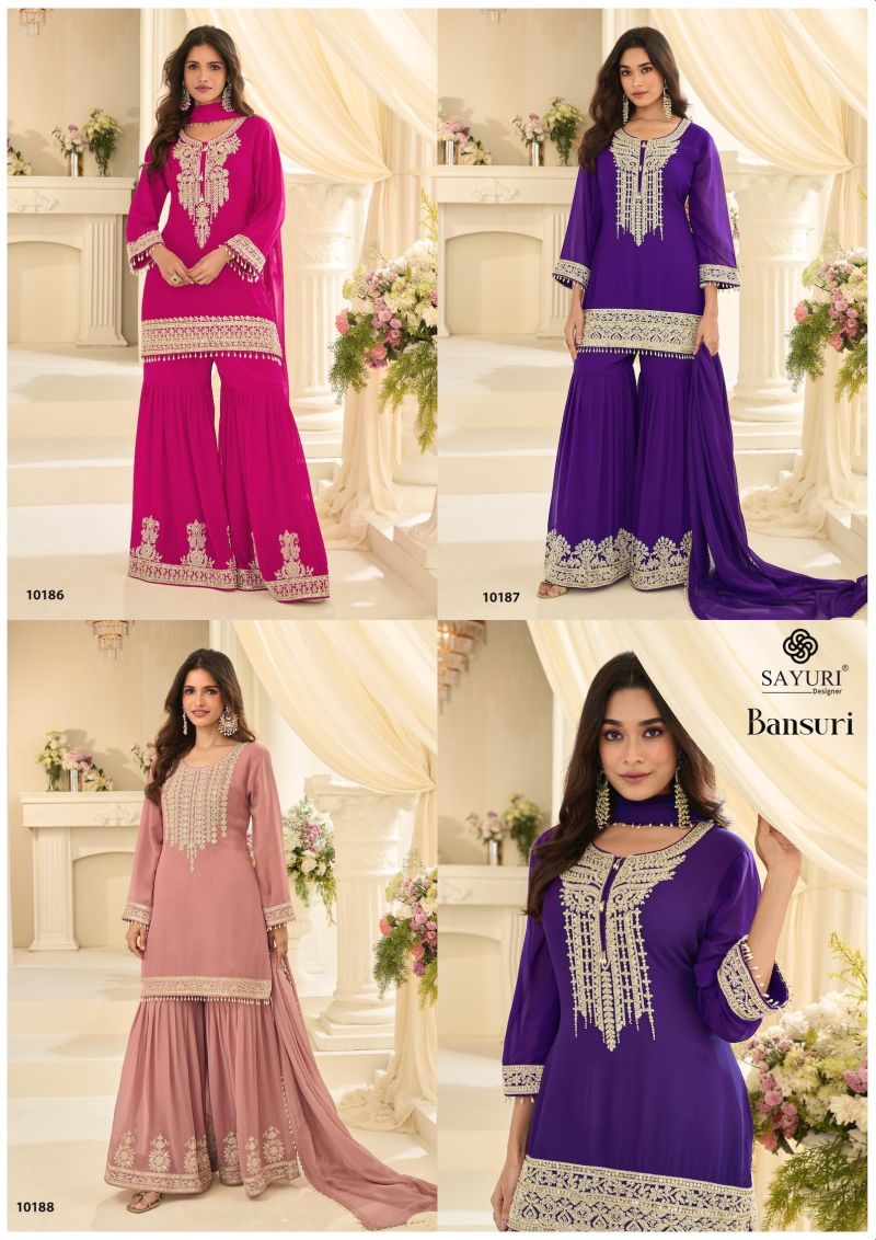 Model wearing the alaya embroidered sharara set - fuchsia.