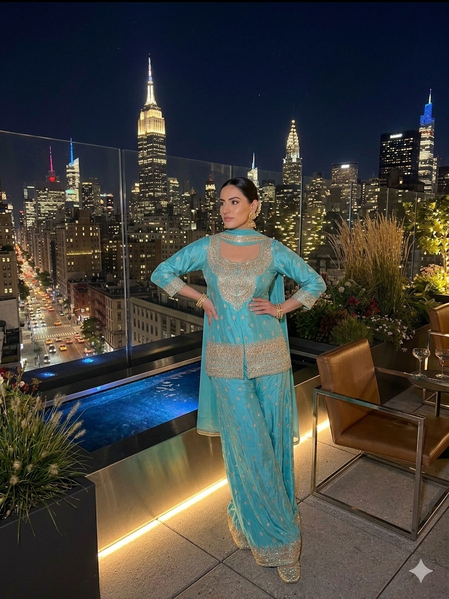 Zari Sharara Set — Teal Blue