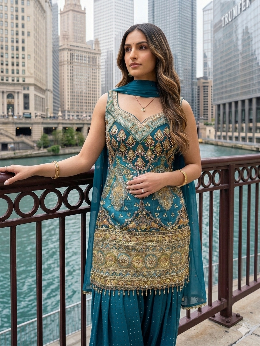 Heavy Zardozi Gharara — Teal Gold